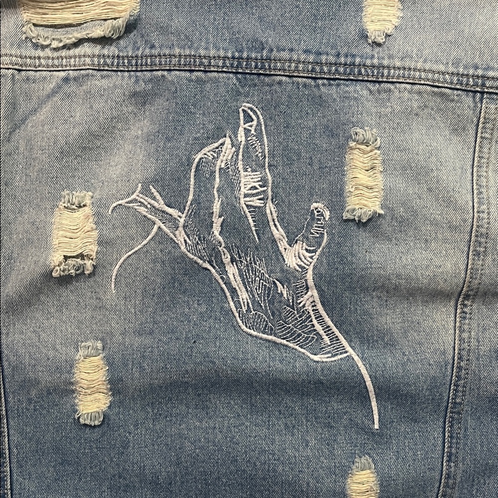 Distressed Embroidered Denim Jacket Red Patch Arm Band Motorcycle Jacket Belt - Picture 6 of 6